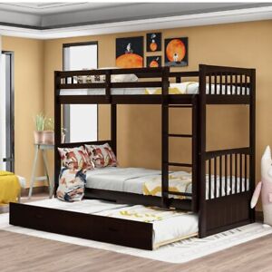 Bunk Bed Merax Wood Bunk Bed, Twin Over Twin, with Trundle, Espresso