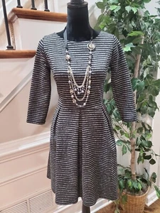 Merona Womens White Black Striped Round Neck Long Sleeve Knee Length Dress S/P - Picture 1 of 13