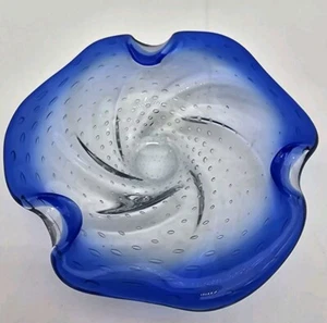 Vintage MCM Two Tones Of Blue & Clear Bullicante Hand Blown Glass Bowl Ashtray - Picture 1 of 8