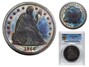 1866 Seated Libery Dollar $1 PCGS PR65 First w Motto Issue Intense Rainbow Tone - Picture 1 of 8