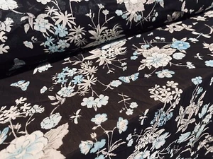 Printed Chiffon Yoryu Dress Fabric, Per Metre - Black With Turquoise Flower Prin - Picture 1 of 4