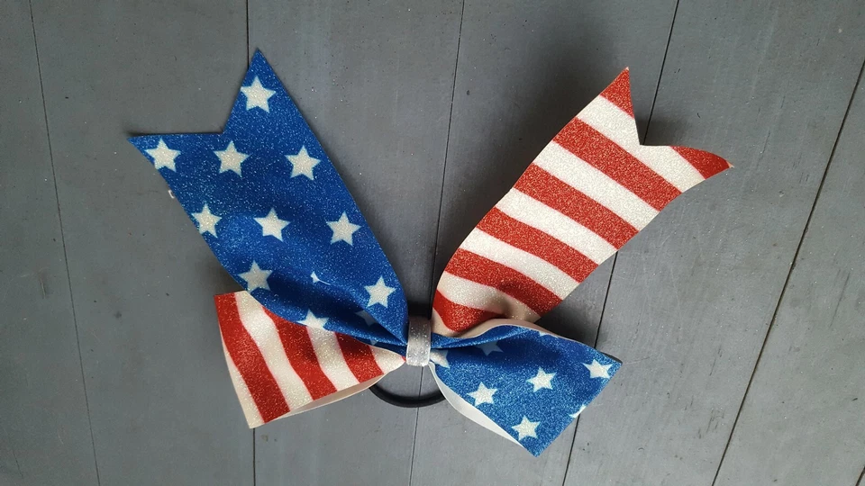 Cheer Bow Rojo Blanco Azul Estrellas Rayas Soporte Gimnasia Foto 1 de 2