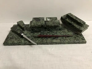ANTIQUE DESK STAND MARBLE INKWELL SET DOUBLE WRITING WELLS - Picture 1 of 11