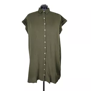 Abito Camicia Loft XL Verde Oliva Bottone Pieghettato Anteriore Dolman Maniche Cotone Nuovo - Foto 1 di 9