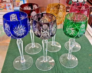 Vintage Coloured Bohemian Cut Glass/Crystal Small Wine/Liqueur Glasses - Picture 1 of 6