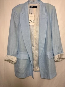 NWT ZARA Light Blue Open Front  100% Linen Long Sleeve Blazer Jacket Sz XL - Picture 1 of 1