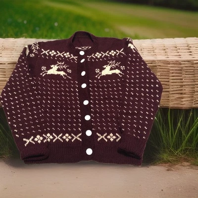 Vintage 1930s 1940s Maroon Knit Wool Sweater Reindeer  Cardigan Mother O Pearl - Image 1 of 4