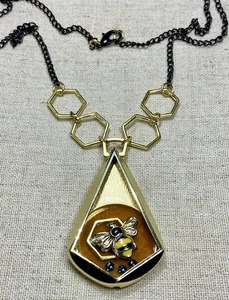 Bee Necklace- Retro Watch Case, Blue Crystals, 22”, Gold Velvet, Honeycombs - Picture 1 of 5