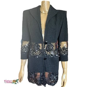 Janine of London Formal black Vintage Crepe Jacket Sheer Lace Sequin Accent M - Picture 1 of 10