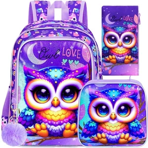 3PCS Kids Backpack for Girls 16”Owl Bookbag with Lunch Box Cute Water Resista... - Picture 1 of 7