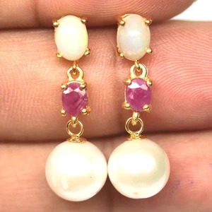 925 Sterling Silver 9 mm. White Pearl, Opal & Ruby Earrings 18K Gold Plated - Picture 1 of 4