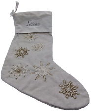 Pottery Barn Nessie Beaded Snowflake Christmas Stocking Holiday Xmas Grey Gold 