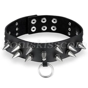 Men's Womens Punk Gothic Black Leather Choker Spike Rivet O Ring Collar Necklace - Picture 1 of 5