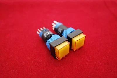 2PCS Cutout 12MM 110V YELLOW LED ILLUMINATED Square Maintained PUSH BUTTON 5 PIN - Image 1 of 4