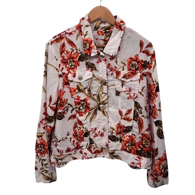 Joie Fairy Cottagecore Linen Jacket Womens XL White Orange Floral Print Pockets - Image 1 of 4