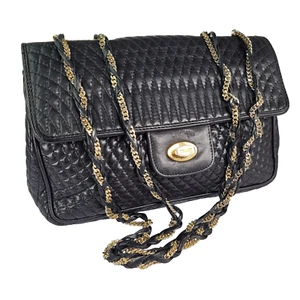 Bally Vintage Black Quilted Leather Double Flap Chain Shoulder Bag Swiss Made - Picture 1 of 12