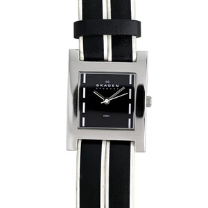 Reloj Skagen para mujer cuadrado plateado esfera negra cuero negro doble correa acero - Imagen 1 de 10