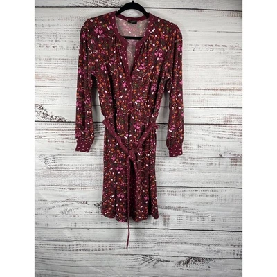  Talbots Dress Women's Petite Small Burgundy Floral Long Sleeve Belted Button Up - Image 1 of 4