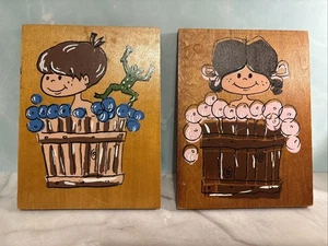 Juego de 2 Placas de Pared Niño y Niña Burbujas Pintadas a Mano De Colección Madera Arte Pared Japón - Imagen 1 de 6