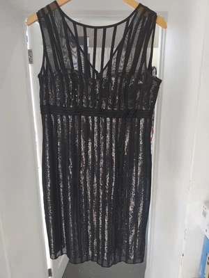 JS Collections Black UK 10 Sheer Mesh Silver Sequin Mini Cocktail Party Dress - Image 1 of 4