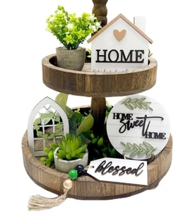 6 Pieces Farmhouse Tiered Tray Decor Beautiful Sweet Home Wood Sign Artificia... - Picture 1 of 6