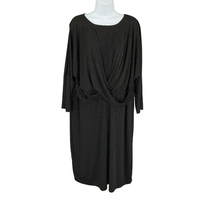 Vestido de festa London Times feminino 20W preto cintilante torção frontal manga longa midi - Imagem 1 de 4