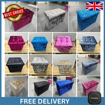 Ottoman Folding Storage Box Footstool Velvet Diamante Seat Single Double - Image 1 of 4
