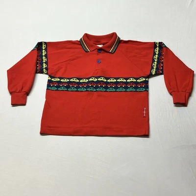 Vintage Oshkosh B'gosh Red Long Sleeve Polo Shirt Red Knit Multicolor Cars 4T - Image 1 of 4