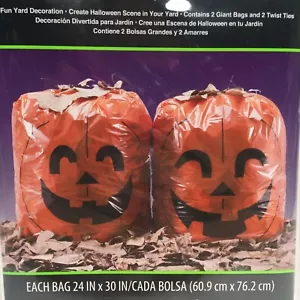 Set of 2 Pumpkin Leaf Bags 24"X30" Twist Ties Halloween Scene Fun Yard Decoratio - Picture 1 of 4