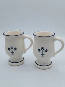 Vintage Set of 2  Stoneware/ Ceramic Footed Pedestal Coffee Mug/Cup Blue Flowers - Picture 1 of 7