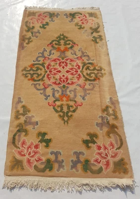 Antique Tibetan Center Floral Medallion Handmade Wool Rug Carpet 177x92cm - image 1 of 4
