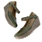 FLY London Yuko Forest Green Suede Leather Mary Jane Wedges Size 39 US 8-8.5