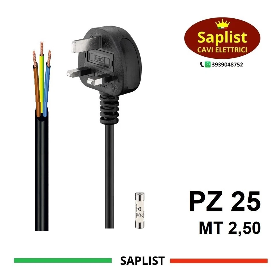 25 STÜCK - NETZKABEL MIT ENGLISCHEM STECKER FUS. 13A MT 2,50 ZUGELASSEN - Bild 1 von 1