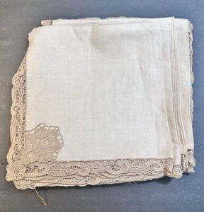 Vintage Set 12 Linen 20” Napkins Handmade Ecru Lace Trim Italy - Picture 1 of 7