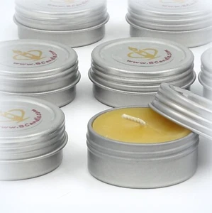 Set luce tè 100% cera d'api in contenitore piatto di latta con coperchio a vite, per campeggio, - Foto 1 di 7