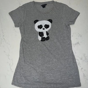 25 Vintage Graphic French Connection Tee Sz S Gray Sequin Panda Bear Cotton Visc - Picture 1 of 4