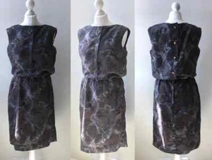 Vtg 60s brown, greyish-purple & blue abstract floral dress w/ boat neck B38, W29 - Picture 1 of 8