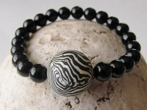 Stretchy Bracelet Zebra Print Jewelry Black Bracelet Black Obsidian Animal Print - Picture 1 of 4
