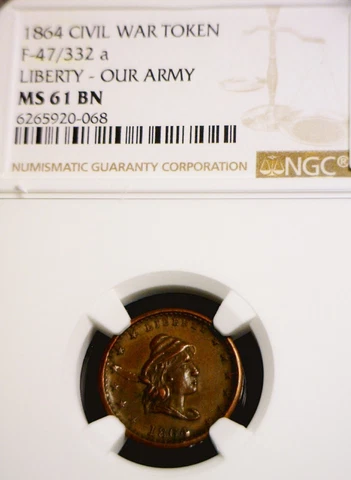 1864 NGC MS61 ERROR Civil War Token / Cent BU + Coin NICE CUDS + Die Cracks NR Cover