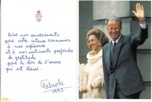 Rare carte remerciement décès du Roi Baudoin Reine Fabiola Autographe 1993 +txt - Photo 1/7