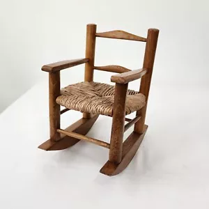 VTG 90s Doll or Teddy Bear Mini Ladder Back Rocking Chair Woven Rush Seat Rustic - Picture 1 of 13