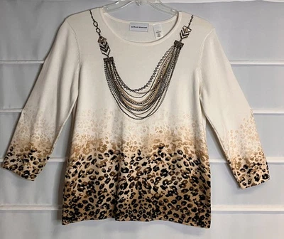 Alfred Dunner Ivory 3D Necklace Cheetah Print Cotton Knit Sweater Small EC! — 第 1/4 张图片