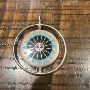 Vtg Zuni Signed “F L Natachu” 925 Turquoise Coral Pendant Liquid Silver Chain - Picture 1 of 7