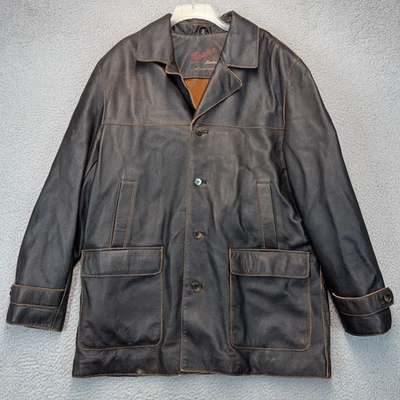 Jaqueta de Couro Rogue Masculina XL Couro Marrom Botão Forrado Frontal Exterior Vintage - Imagem 1 de 4