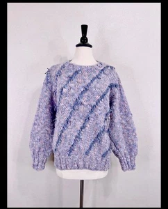Vintage Hand Knit New Zealand Wool Sweater XL Leather Trim Pastel Pink Blue - Picture 1 of 6