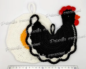 Coppia di presine cucina in lana fatte a mano all'uncinetto - Gallina e Uovo - Foto 1 di 4