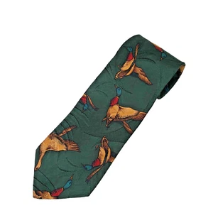 Vintage 80s Chaps Ralph Lauren Embroidered Duck Tie Mens Green 100% Silk USA - Picture 1 of 6