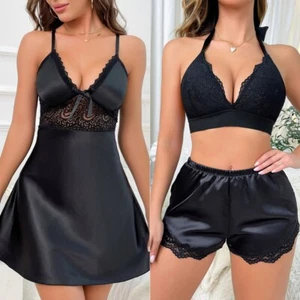 Women Lace Satin Sleepwear Lingerie Cami Shorts Pajamas Set Nightwear Dress - Picture 1 of 22