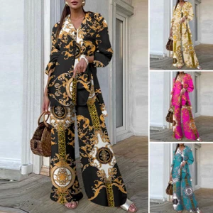 2PCS ZANZEA Womens Printing Casual Loose Shirt Wide Leg Trousers Outfits Sets - Picture 1 of 19