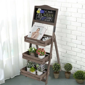 Wood A-Frame Sidewalk Menu Chalkboard Plant Stand Flower Rack w 3 Removable Tray - Picture 1 of 12